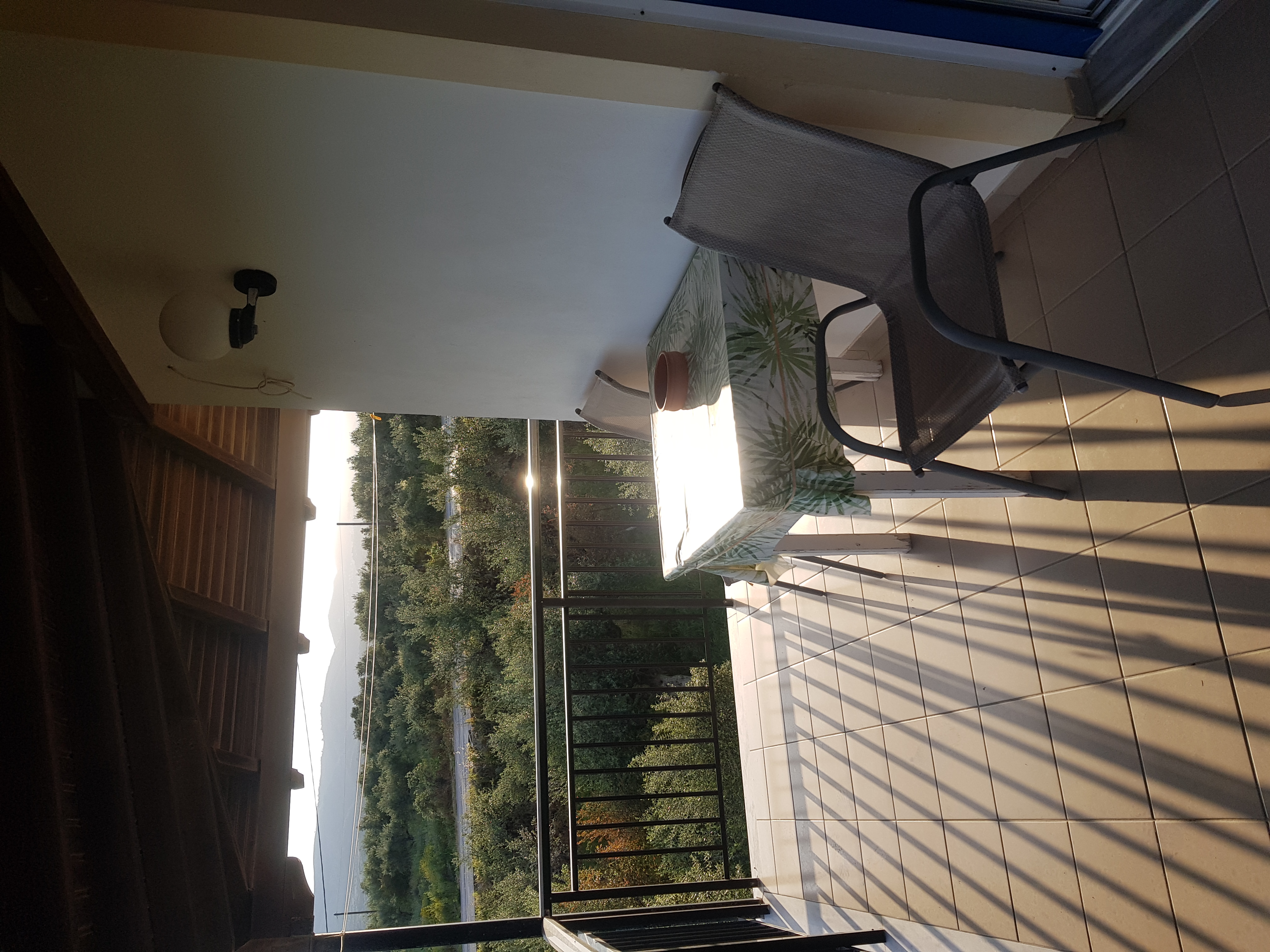 Balcony table and chairs with olive grove at evening